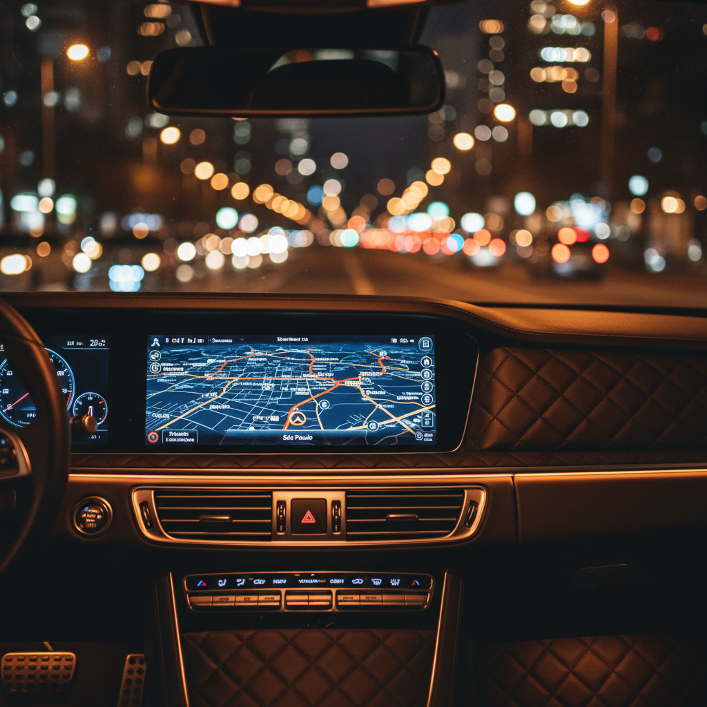 A GPS navigation screen mounted in a refined executive vehicle dashboard showing a detailed night map of São Paulo, with illuminated highways and clear route guidance, no visible driver or passengers. The dashboard features premium black leather, brushed metal accents and a soft ambient light strip. Outside the windshield, defocused city lights create a colorful bokeh of white, amber and red points. Interior lighting is low and warm, highlighting the navigation screen as the main focal point. Captured from the center console area at a slight angle, the composition uses shallow depth of field to keep the screen tack-sharp while the rest gently blurs. The mood is focused, efficient and high-tech, with photographic realism emphasizing 24/7 service, navigation expertise and punctuality in busy urban traffic.