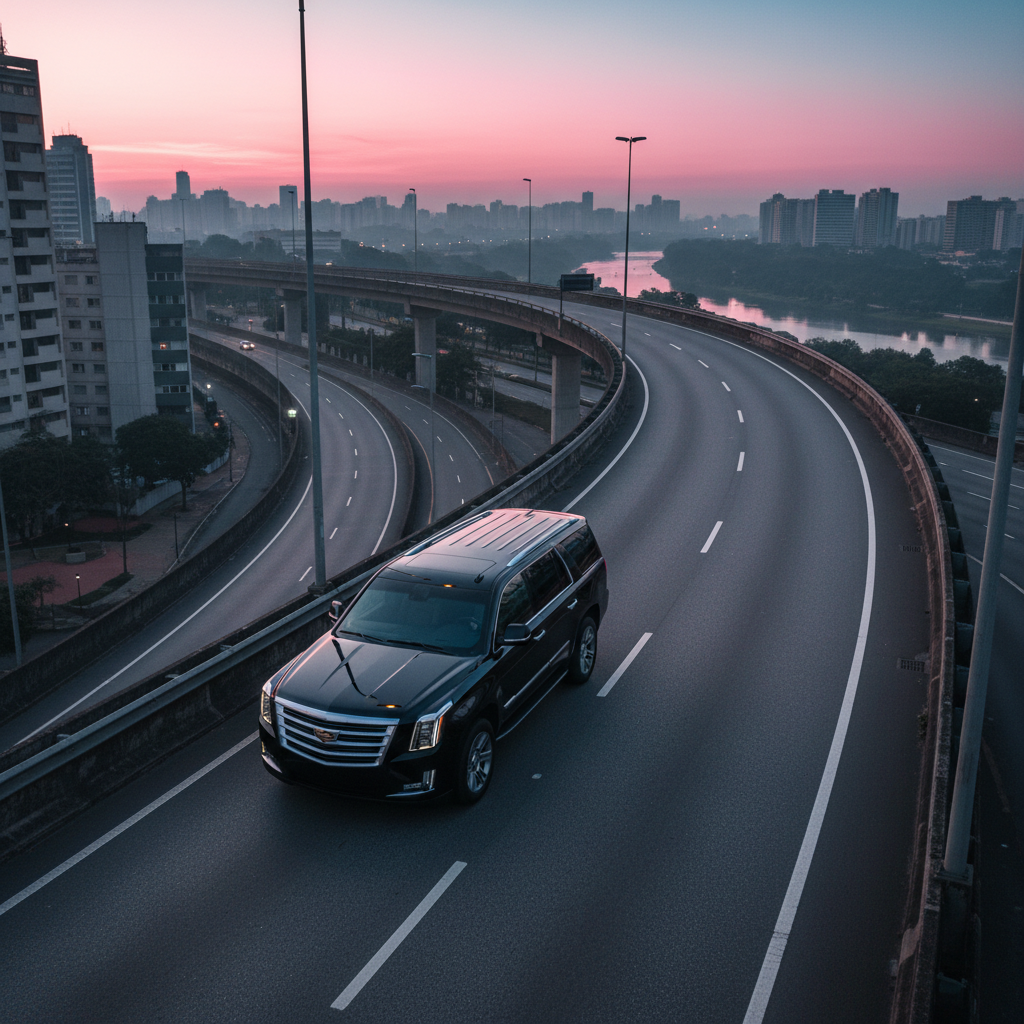 A dramatic overhead view of a black executive SUV driving along an elevated avenue in São Paulo at dawn, with no other vehicles close by, emphasizing exclusivity. The vehicle’s glossy finish reflects the soft pink and blue hues of the early sky as well as the subtle lights from nearby buildings. Street lamps cast elongated shadows and create a gentle sheen along the roof and hood. The composition uses a dynamic diagonal framing, with the road lines leading the eye forward, and a moderate depth of field keeping both car and immediate surroundings sharp. The mood is confident, dynamic and punctual, captured in cinematic photographic realism to illustrate intercity and airport transfers carried out with precision and safety.