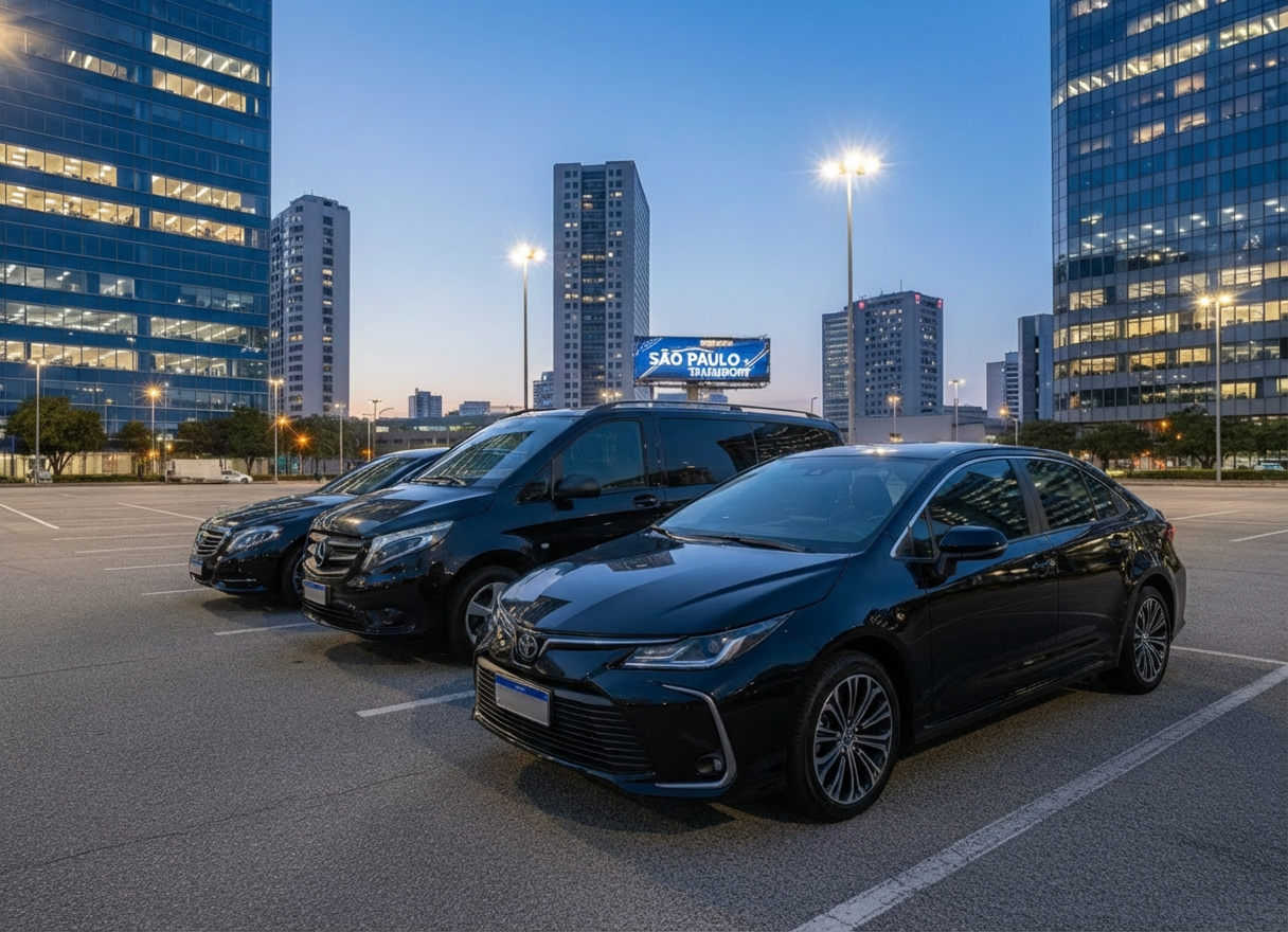 A fleet line-up of different executive vehicles arranged in a wide, open-air business parking area at dusk, with no humans present. In the foreground, a glossy black sedan; behind it, a dark gray SUV and a sophisticated black minivan, all impeccably clean and aligned at a slight diagonal. The sky has a soft blue hour gradient and the surrounding office towers’ windows emit a subtle golden glow. Overhead lights create controlled reflections on the vehicles’ surfaces, emphasizing their modern shapes and high-end finishes. Captured from a slightly elevated wide-angle perspective with sharp focus throughout, the image has a confident, corporate mood and photographic realism that conveys variety of fleet, reliability and professional executive transport coverage for São Paulo and beyond.