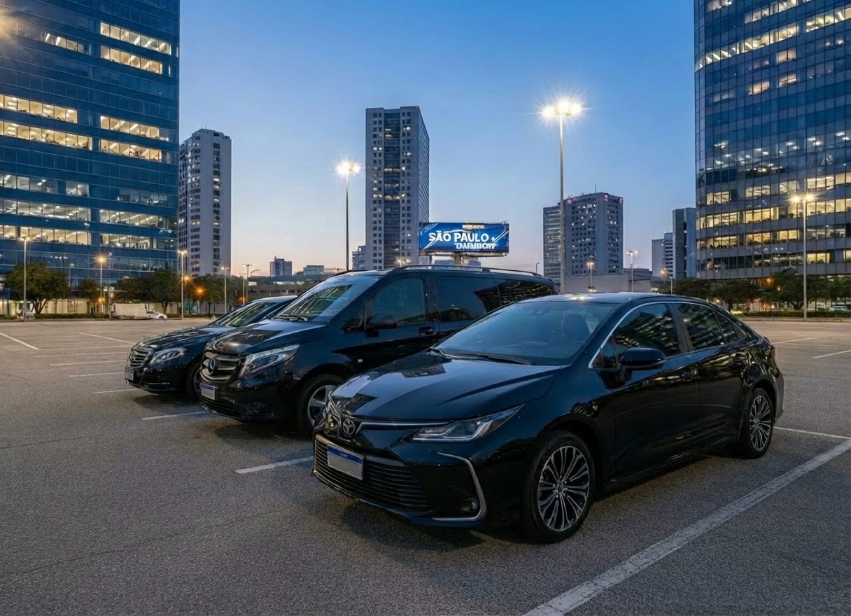 A fleet line-up of different executive vehicles arranged in a wide, open-air business parking area at dusk, with no humans present. In the foreground, a glossy black sedan; behind it, a dark gray SUV and a sophisticated black minivan, all impeccably clean and aligned at a slight diagonal. The sky has a soft blue hour gradient and the surrounding office towers’ windows emit a subtle golden glow. Overhead lights create controlled reflections on the vehicles’ surfaces, emphasizing their modern shapes and high-end finishes. Captured from a slightly elevated wide-angle perspective with sharp focus throughout, the image has a confident, corporate mood and photographic realism that conveys variety of fleet, reliability and professional executive transport coverage for São Paulo and beyond.